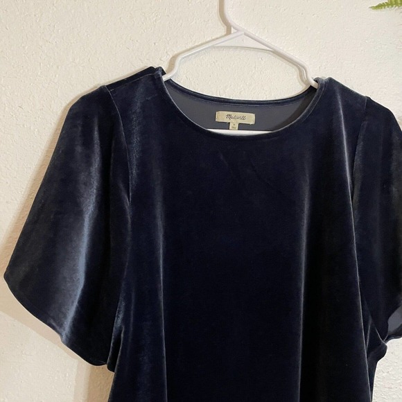 Madewell Velvet Blue Flutter Sleeve Short Sleeve Pullover Top Sz Medium - Picture 7 of 8
